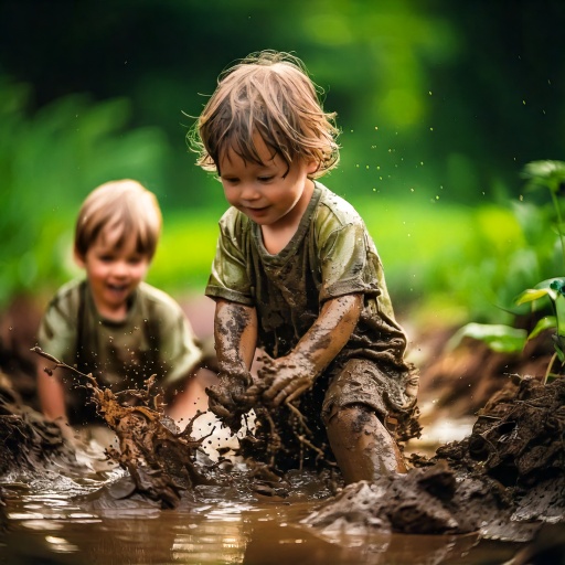 Kinderen spelen in de modder
